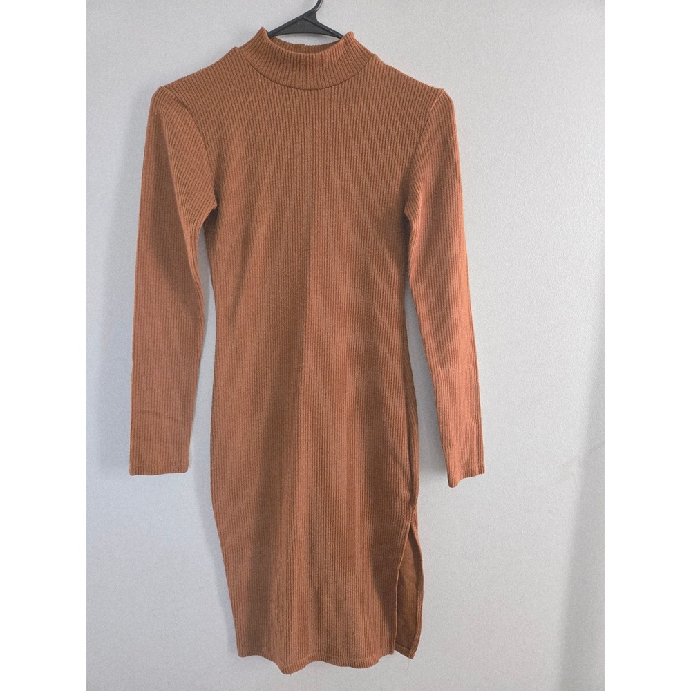 Windsor Rust Brown Ribbed Mock Neck Long Sleeve Bodycon Midi Sweater Dress